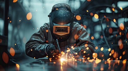 Fototapeta premium Skilled Welder Working with Sparks Flying in Industrial Workshop