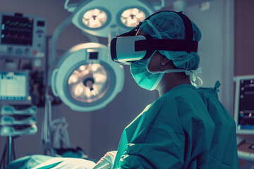 Cirujano utilizando gafas de realidad virtual en la sala de quir&oacute;fanos para una operaci&oacute;n