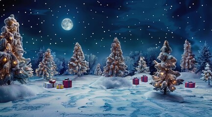 Enchanting Christmas Scene with Snow, Trees, and Gifts