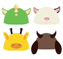 set of stylized children's hats with an animal print, namely with dragon, cat, bull and giraffe ears for a masquerade, for designs, patterns or packaging