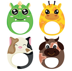 set of baby rattles with animal images, namely a bull, a cat, a dragon and a giraffe, toys for newborns, for designs, packaging or advertising