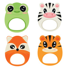 set of children's rattles with the image of animals, namely a tiger, a zebra, a frog and a fox, toys for newborns, for designs, packaging or advertising