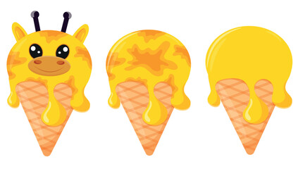 set of cones with orange ice cream and animal print, namely with a giraffe face and a waffle cone, for design, packaging or advertising © Ольга Бабич