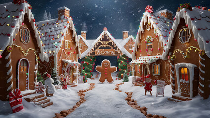 A captivating 3D render of a gingerbread Christmas scene, showcasing a detailed and conceptual illustration.