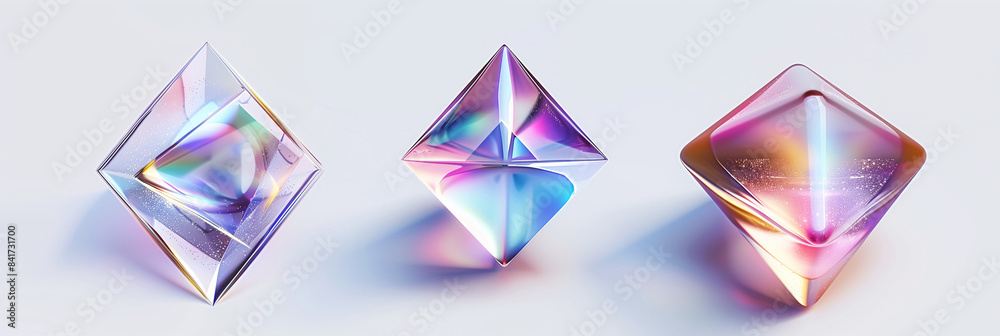 Poster 3d rendering of three different shaped iridescent crystals on a white background. use soft and subtl