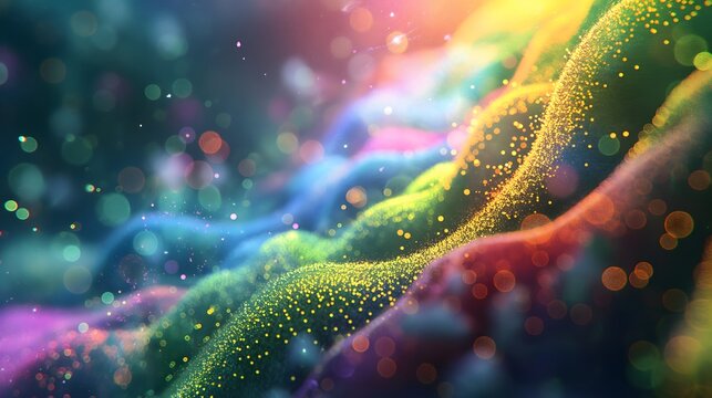 2. Create a visual representation of luminous microbial particles dancing amidst a vibrant and dynamic landscape, showcasing the mesmerizing allure of microscopic organisms in nature.