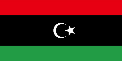 The flag of Libya. Flag icon. Standard color. Standard size. A rectangular flag. Computer illustration. Digital illustration. Vector illustration.
