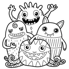 Hand-drawn illustrations, monsters doodle, Hand Drawn cartoon monster illustration,Cartoon crowd doodle hand-drawn Doodle style.black and white stripes coloring  book.