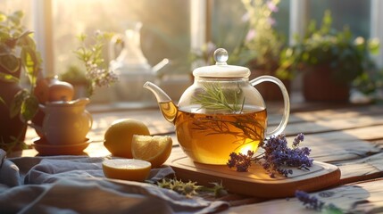 Sunlit Kitchen Scene with Herbal Tea, Lemons, and Lavender