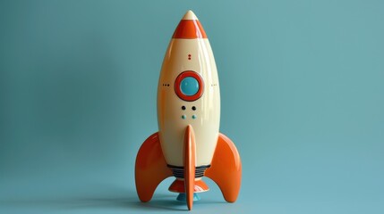 A toy rocket ship with a retro design on a simple background