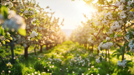 Fototapeta premium Blooming orchard with rows of fruit trees under a clear, sunny sky