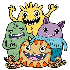 Hand-drawn illustrations, monsters doodle, Hand Drawn cartoon monster illustration,Cartoon crowd doodle hand-drawn Doodle style.