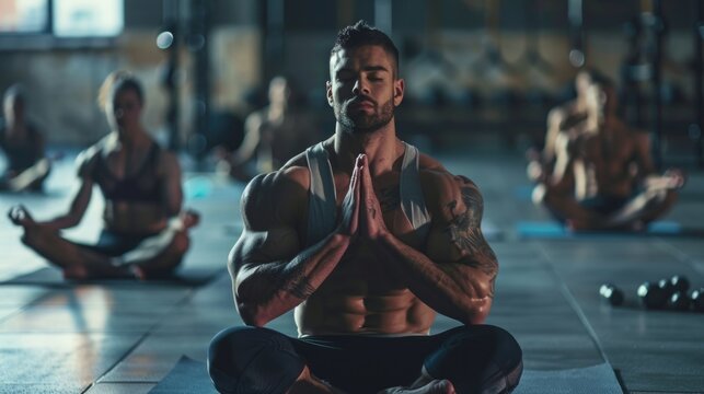 A muscular man meditates in a group yoga class, his eyes closed and hands clasped together in prayer. The studio is dimly lit, creating a serene atmosphere.