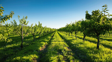 Naklejka premium Blooming orchard with rows of fruit trees under a clear, sunny sky