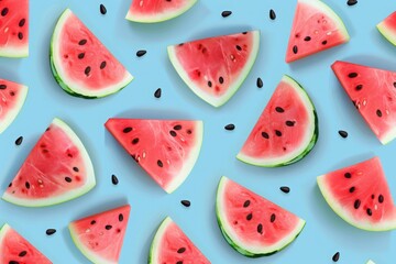 Seamless pattern with watermelons. Watermelon slices isolated on pastel blue background. Illustration painting