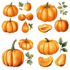 A watercolor illustration depicting various pumpkins, including whole, halved, and smaller versions, accompanied by green leaves
