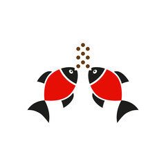 Fishes eats food. Vector simple colored icon. Illustration on white background.