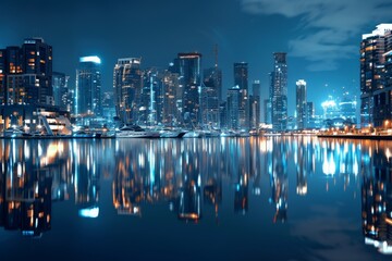 Fototapeta premium Experience the tranquil beauty of a city's waterfront at night, where the shimmering lights of boats and buildings create a mesmerizing reflection on the calm waters.