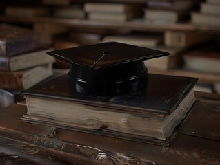 Graduation Cap and Books on Wooden Desk Education Knowledge and Academic Achievement