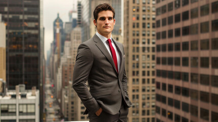 Business professional in a sleek suit with a city backdrop