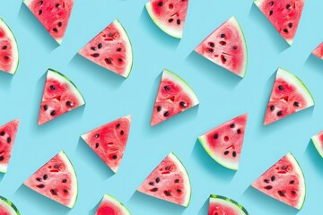 Seamless pattern with watermelons. Watermelon slices isolated on pastel blue background. Illustration painting