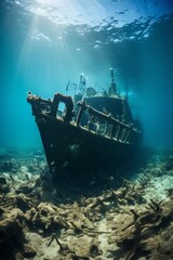 Wreckage of a submerged ship underwater 