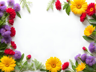 Obraz premium Beautiful garden flowers frame on blue background, for wedding, birthday card wallpaper decoration and space for write text.