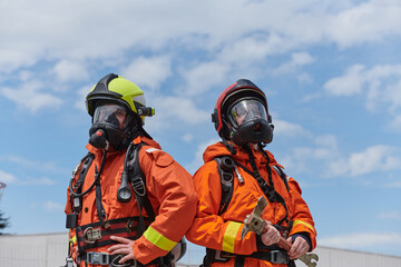 Firefighter Team Training with Various Tools in Professional Gear