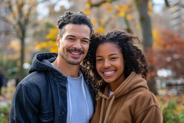 Fototapeta premium Portrait of a happy mixed race couple in their 30s sporting a comfortable hoodie in vibrant city park