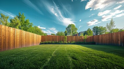 Fototapeta premium Spacious Backyard with Green Lawn and Wooden Fence
