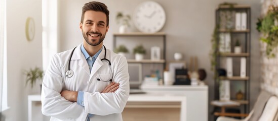 A confident medical professional works in a modern office environment, providing healthcare services. The office is clean and professional, offering a trustworthy and friendly atmosphere
