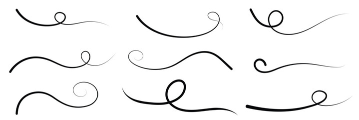 Swoosh and swash, swish vector line icon, black underline set, hand drawn swirl and curly text elements. Doodle retro collection isolated on white background.