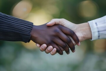 A powerful image of two hands, one with a darker complexion and the other with a lighter complexion, clasped together in a symbol of unity and harmony between people of different backgrounds.