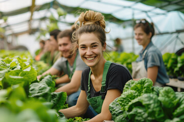 Smart Farming Delight: Happy Farmers Using Sensors and Automation in a Lush Greenhouse