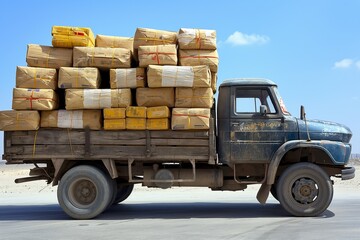 Naklejka premium Old truck loaded with packed goods