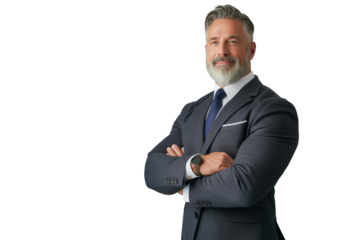 Smiling Middle-Aged Muscular Caucasian Man in a Navy Blue Suit