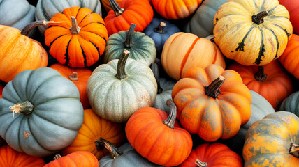 Background of small multicolored autumn pumpkins piled in pile