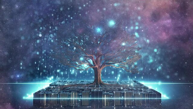 Futuristic digital tree with integrated circuit patterns as branches, symbolic of technology in harmony with nature,