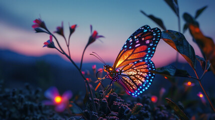 Butterfly with bioluminescent wings glowing at dusk