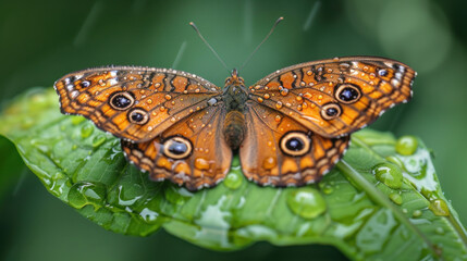 Obraz premium Butterfly with folded wings resting on a dewy morning leaf