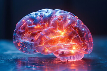 Glowing red brain model with artistic design