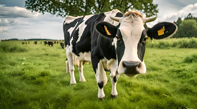 Holstein cow standing in a lush green pasture with a curious expression, other cows grazing in the background