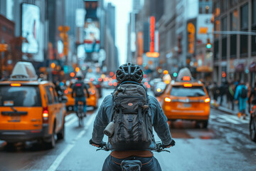 Obraz premium Urban cyclist on rain-slicked street