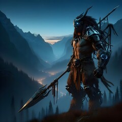 Naklejka premium Tribal Cyborg Warrior Overlooking Mountain Valley 