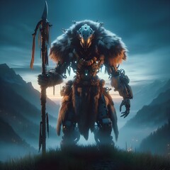 Naklejka premium Armored Tribal Cyborg in Mountainous Terrain 