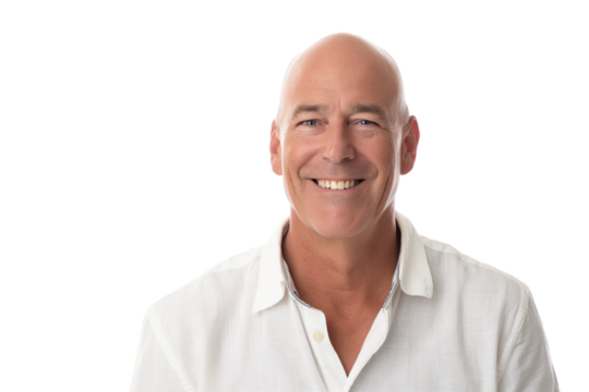 Smiling Bald Caucasian Man in a White Shirt