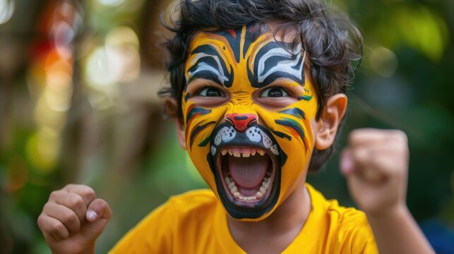 Happy child with painted face as tiger. Jungle amusement summer park. Little kid with orange make up. Funny playful boy roar with excitement. Animal grimace and gestures. Zoo