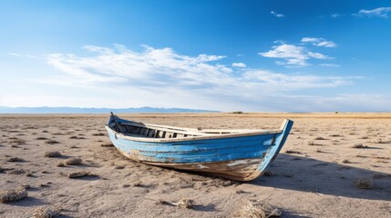 Fototapeta premium Wooden boat on dry cracked land, Global warming.