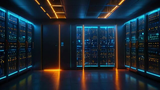 A dark room with many tall cabinets of computer servers with bright blue and orange lights.