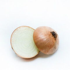 An onion is sliced open so we can see its inside; isolated on white background.